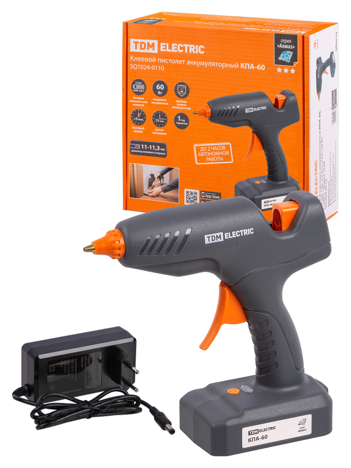 Изображение товара Пистолет клеевой аккумуляторный Tdm Electric SQ1024-0110, 12 В Li-Ion 2.2 Ач, для стержней 11.2 мм
