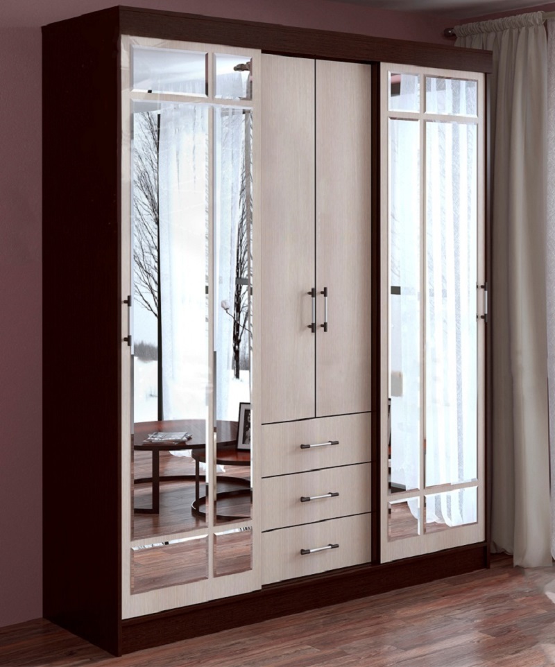 Изображение товара Шкаф-купе Бтс Маэстро 220x170x61 см с зеркалом и полками, Венге светлый дуб