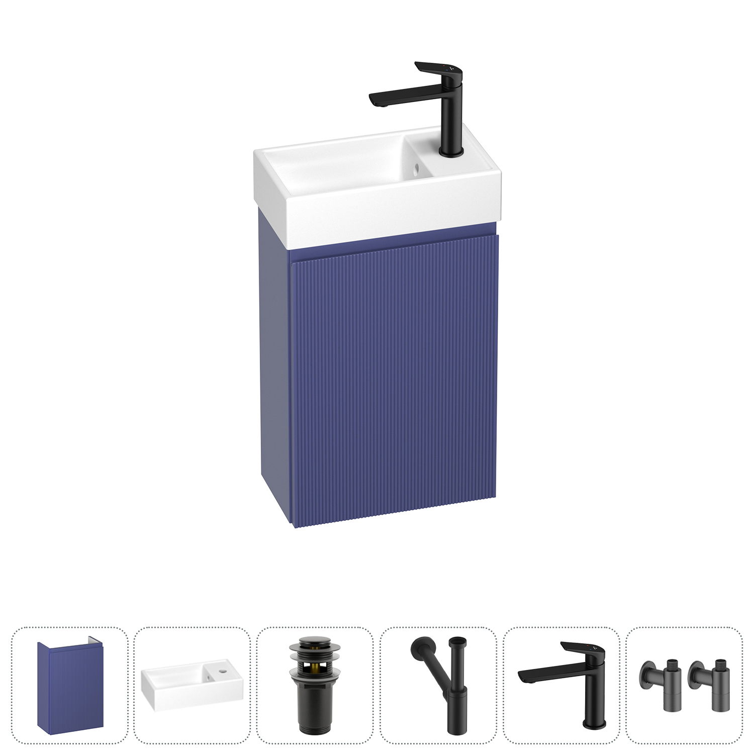 Изображение товара Тумба с раковиной подвесная Wellsee WC Area 20216888R с донным клапаном, сифоном, смесителем и вентилями цвет синий