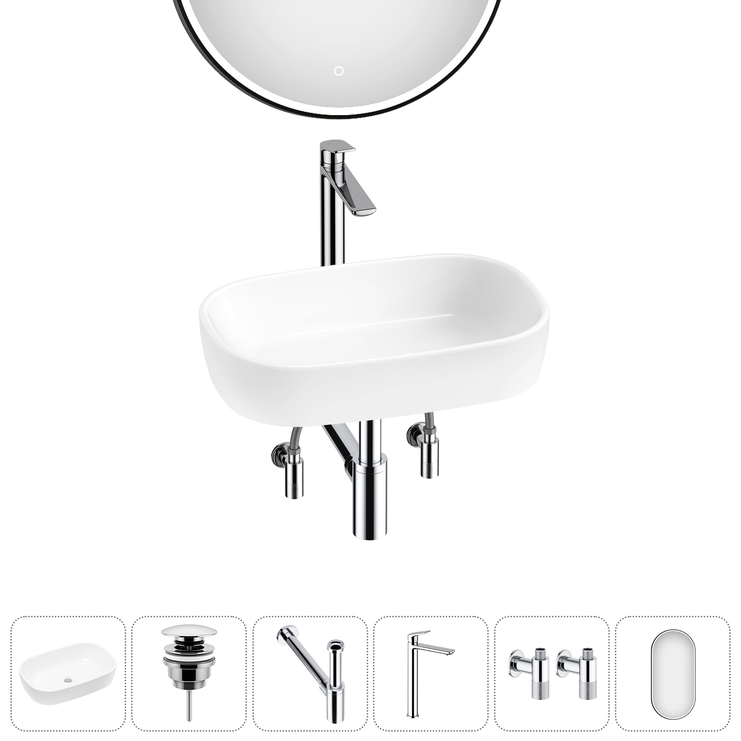 Изображение товара Раковина Lavinia Boho Bathroom Sink 20217447R 54см 6 в 1: донный клапан, сифон, смеситель, вентили, зеркало