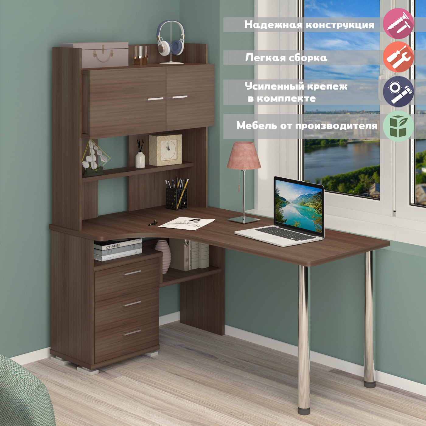 Изображение товара Стол Мэрдэс СР-133-160 - вместительный угловой стол из ЛДСП с ящиком и современной отделкой