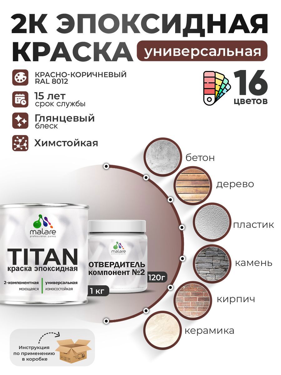 Изображение товара Краска эпоксидная двухкомпонентная Malare Titan высокопрочная глянцевая цвет RAL 8012 красно-коричневый 1 кг отвердитель 0.12 кг