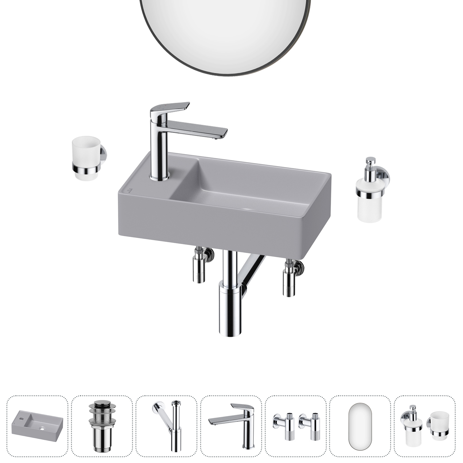 Изображение товара Раковина мини Wellsee WC Area 41 см комплект 7 в 1 с зеркалом и аксессуарами