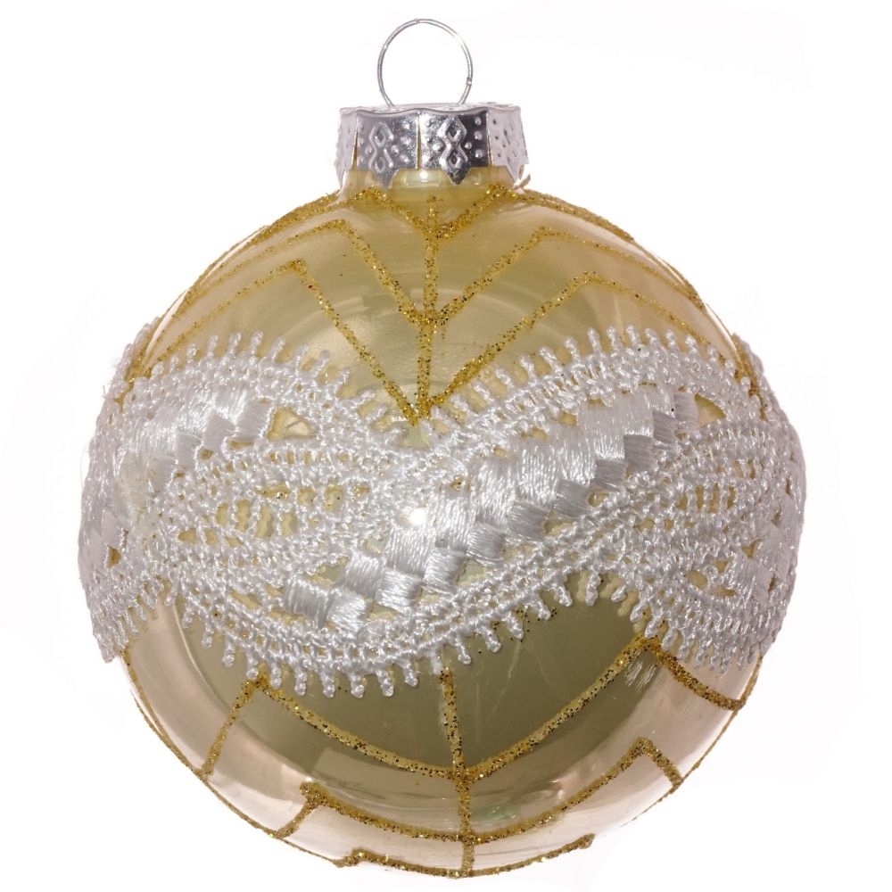 Изображение товара Елочный шар 8 см стекло жёлтый золотой с узорами и блестками