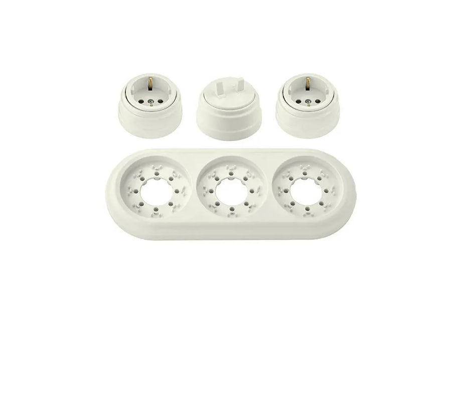 Изображение товара Розетка с выключателем и рамкой 3 поста накладные Bylectrica Ретро РА16-0202 А510-2204 ЮЛИГ.735212.472 с заземлением цвет бежевый