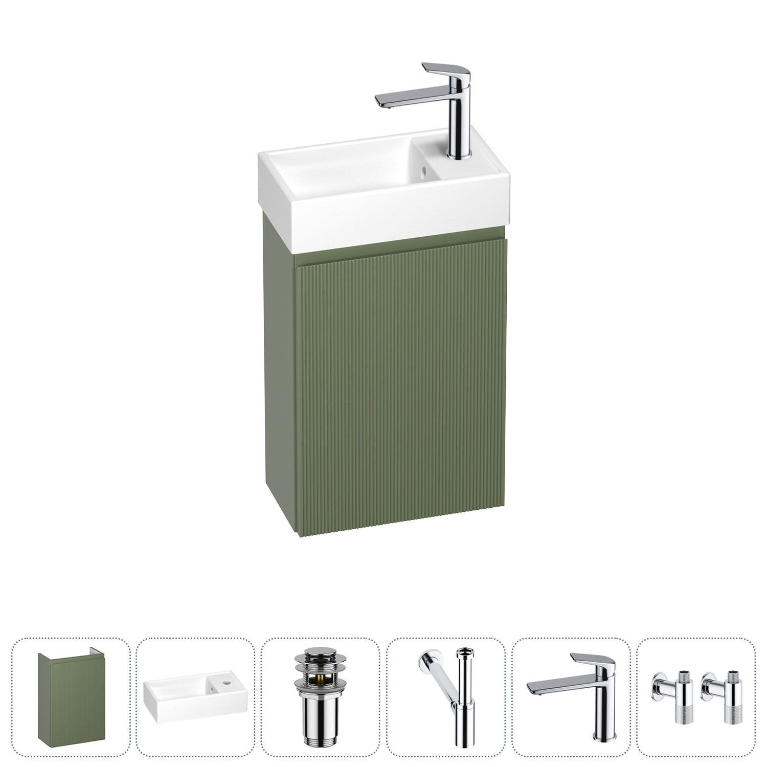 Изображение товара Тумба с раковиной подвесная Wellsee WC Area 20216886R с донным клапаном, сифоном, смесителем и вентилями цвет зеленый