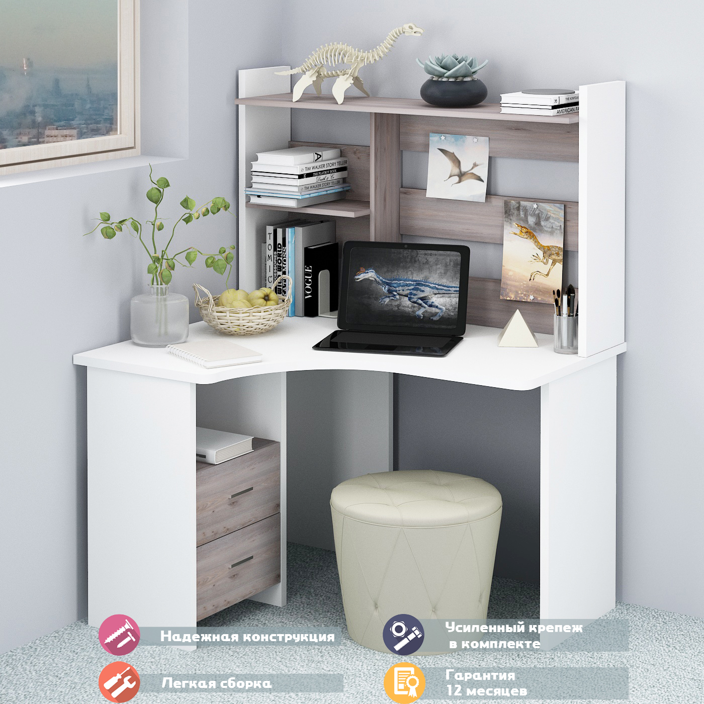 Изображение товара Стол Мэрдэс СКЛ-Угл120+НКЛ-120 белый Ясень шимо светлый угловой с тумбой