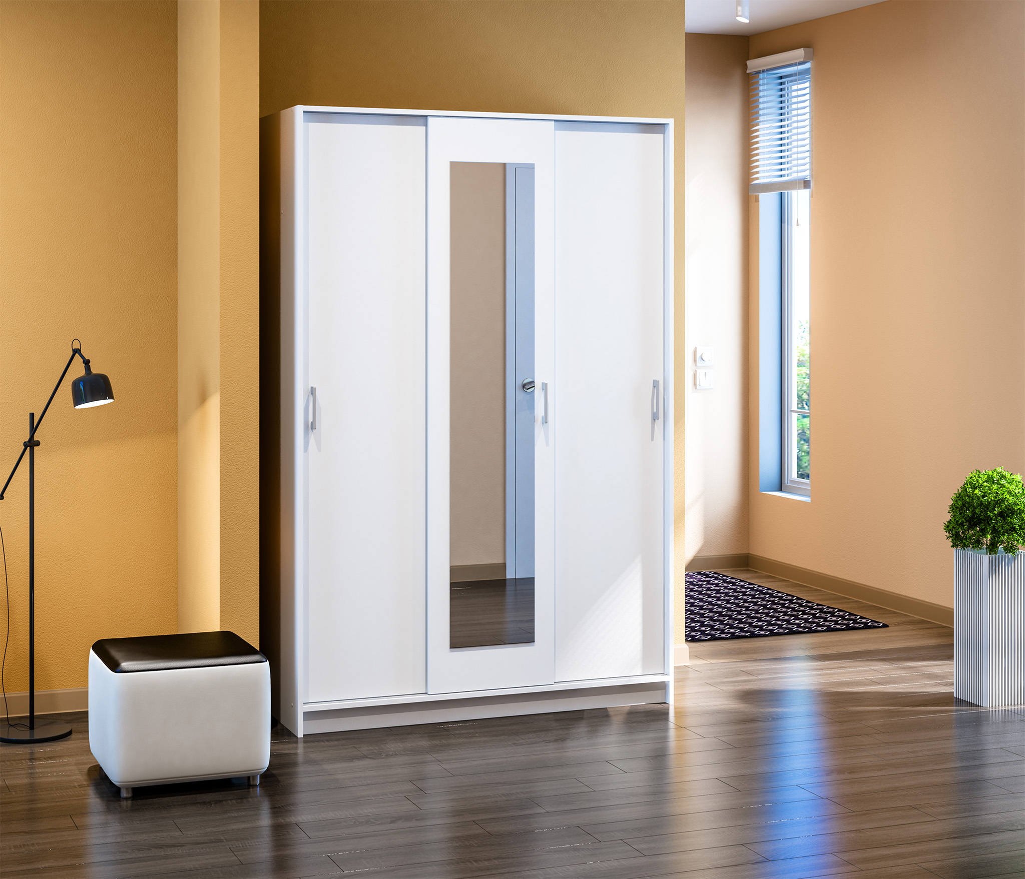 Изображение товара Трехдверный шкаф Столплит с зеркалом и 2 штангами 132x200x59 см с полками ЛДСП цвет белый