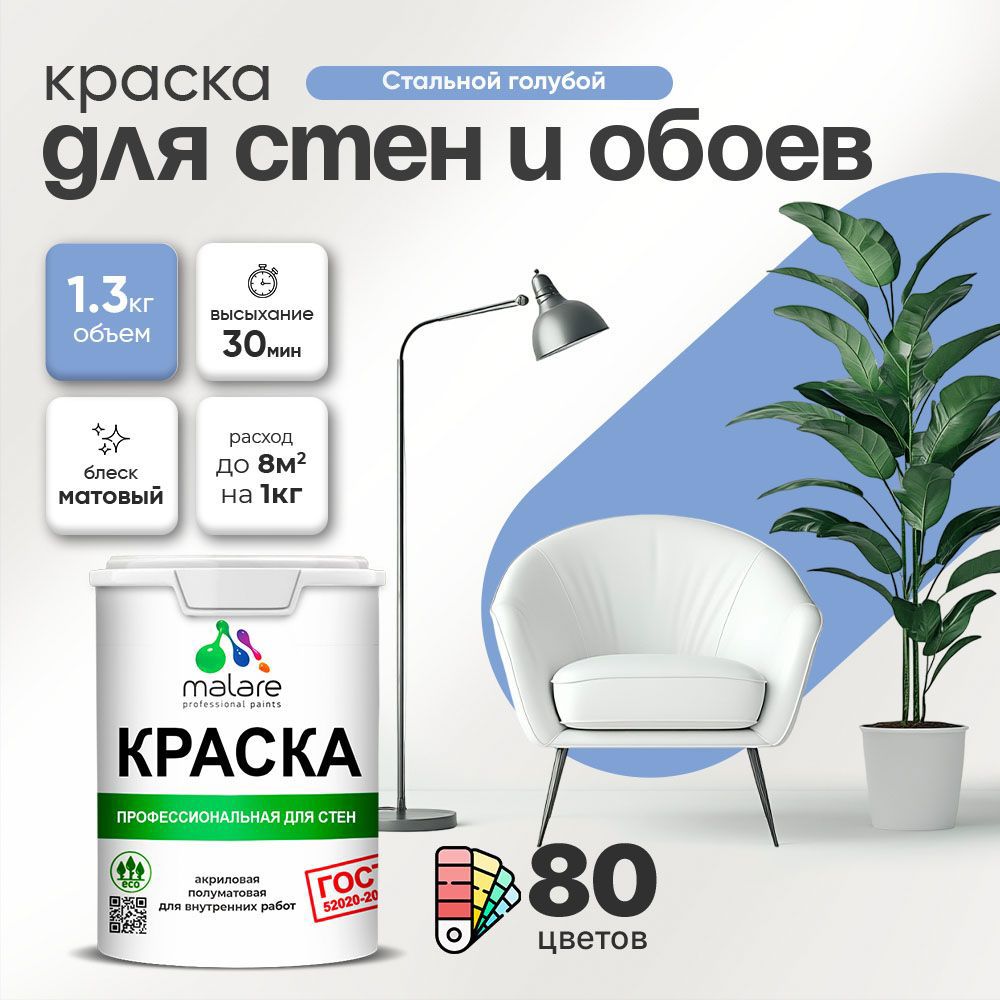 Изображение товара Краска для стен Malare Professional без запаха матовая цвет стальнойолубой 1л