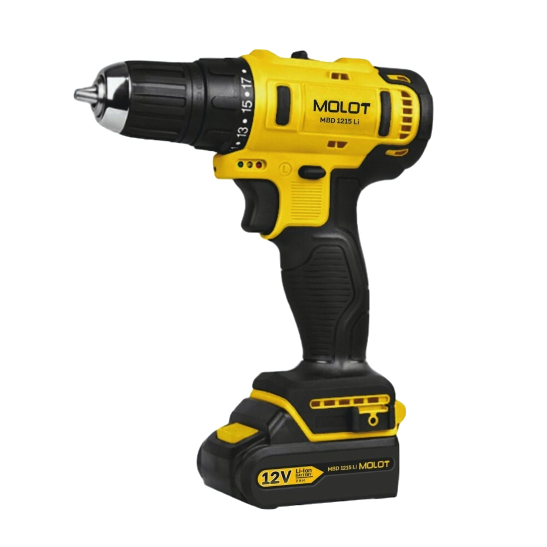 Изображение товара Дрель-шуруповерт аккумуляторная бесщеточная Molot MBD 1215 Li 1335568, 12 В Li-Ion 2x2 Ач
