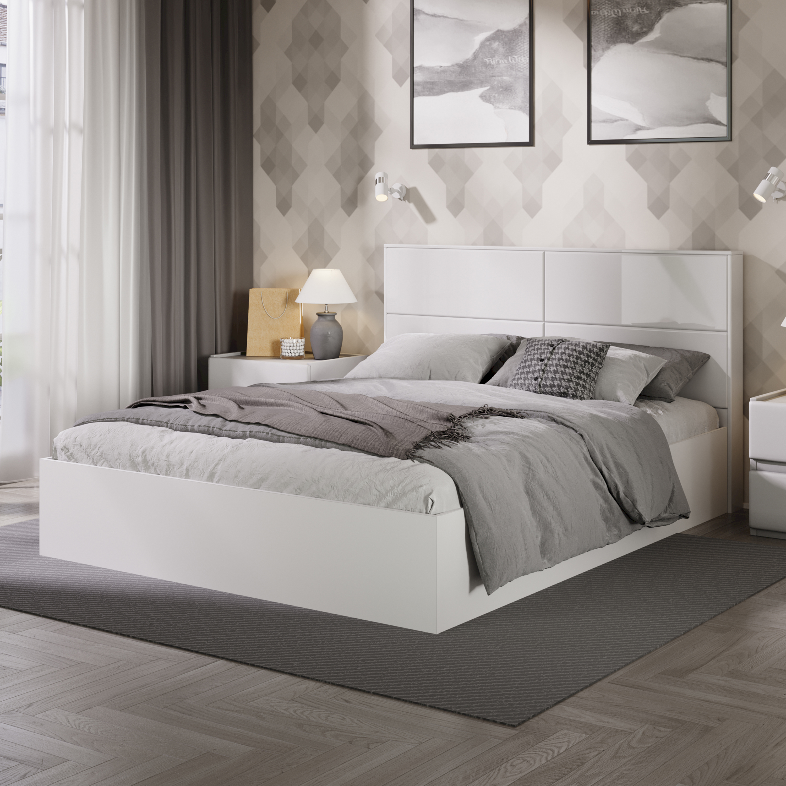 Изображение товара Двухместная кровать Трия 258834 из ЛДСП с подъемным механизмом белый глянец