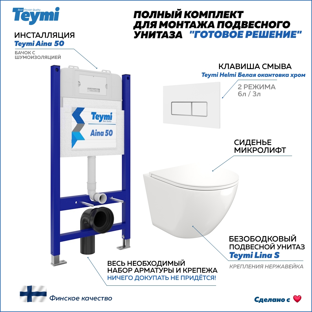 Изображение товара Инсталляция с унитазом комплект 5 в 1 Teymi F13415 унитаз подвесной безободковый Lina S кнопка белая/хром