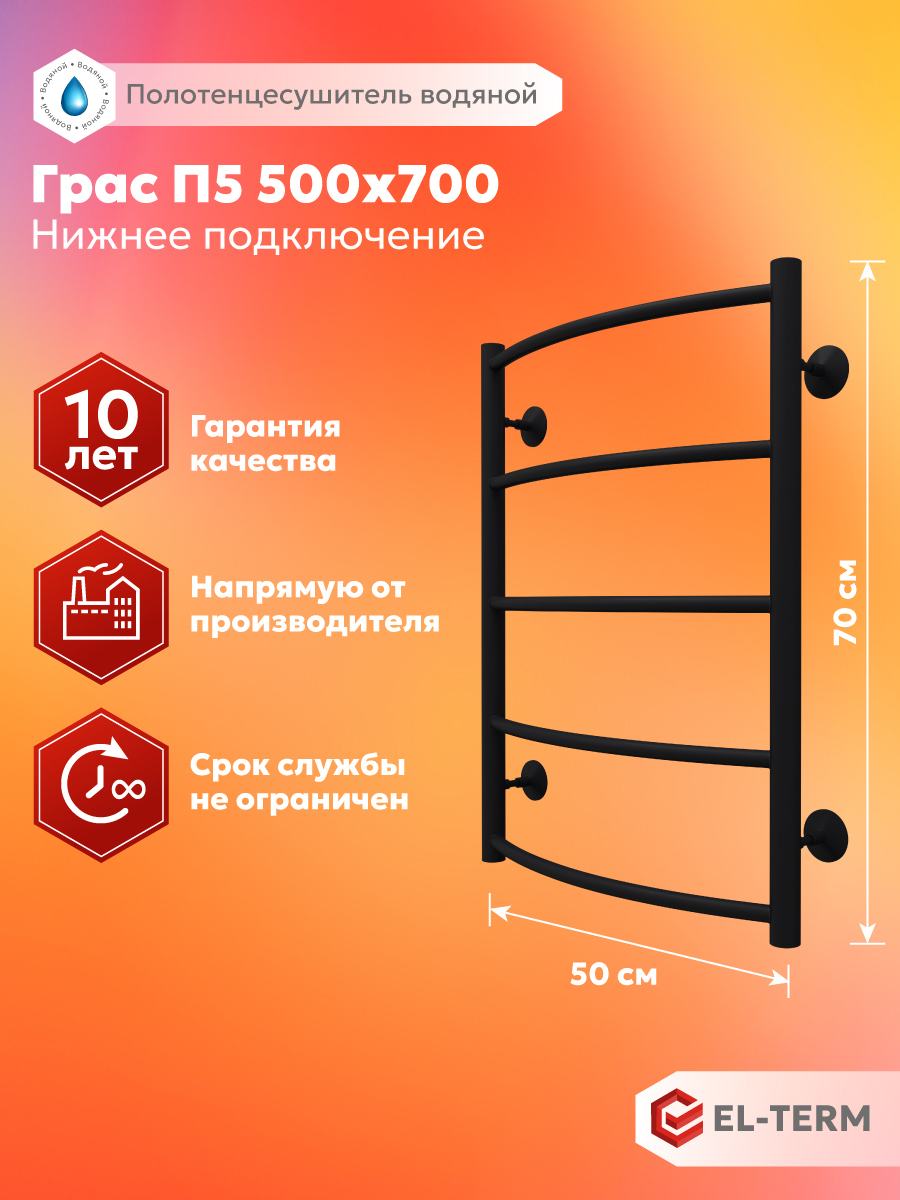 Изображение товара Полотенцесушитель водяной лесенка El-term Грас п5 760x535 мм нижняя подводка нержавеющая сталь цвет черный матовый