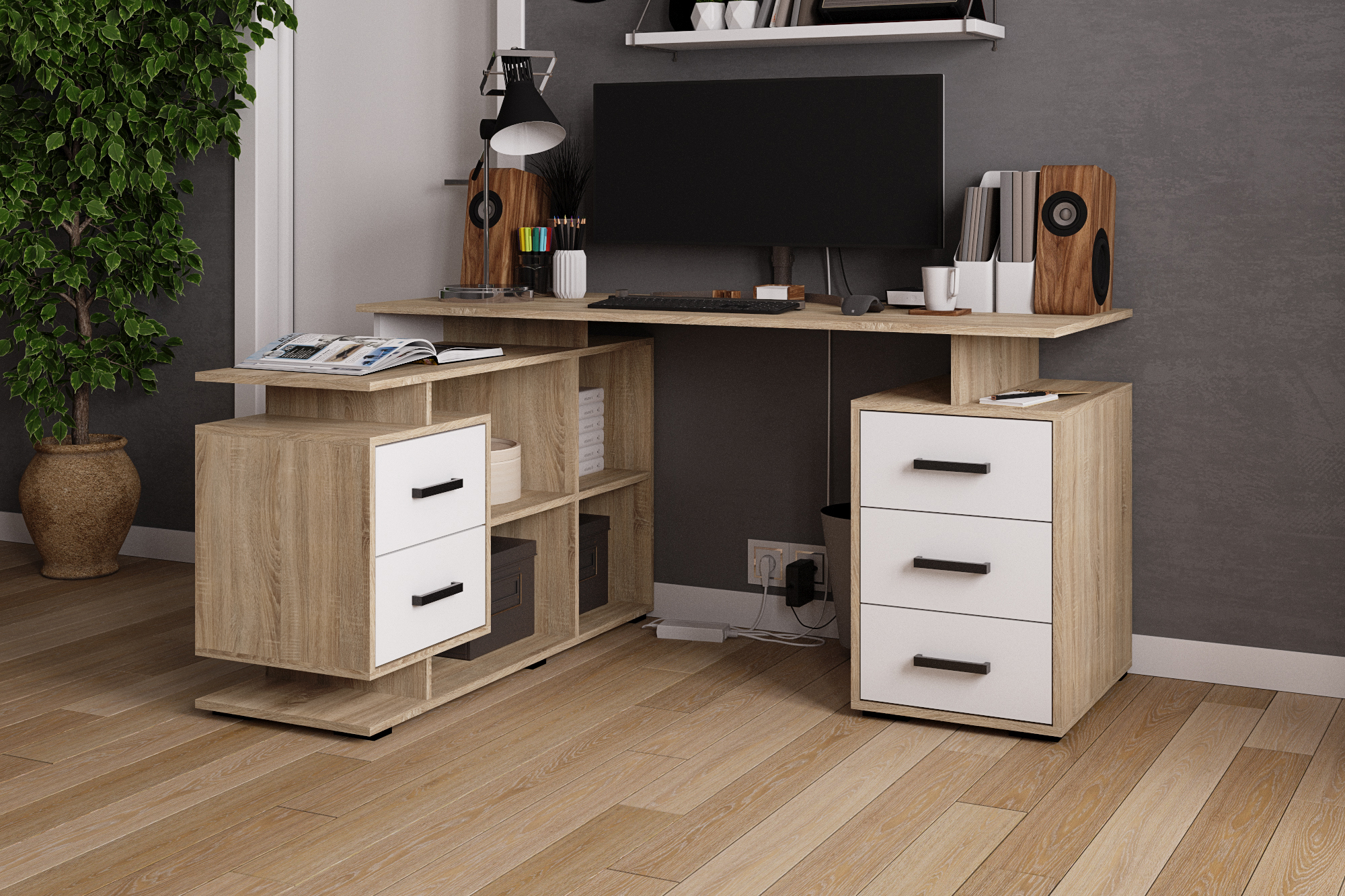 Изображение товара Компьютерный стол Микон СКМ-3С 150x75x110 см ЛДСП цвет белый/бежевый