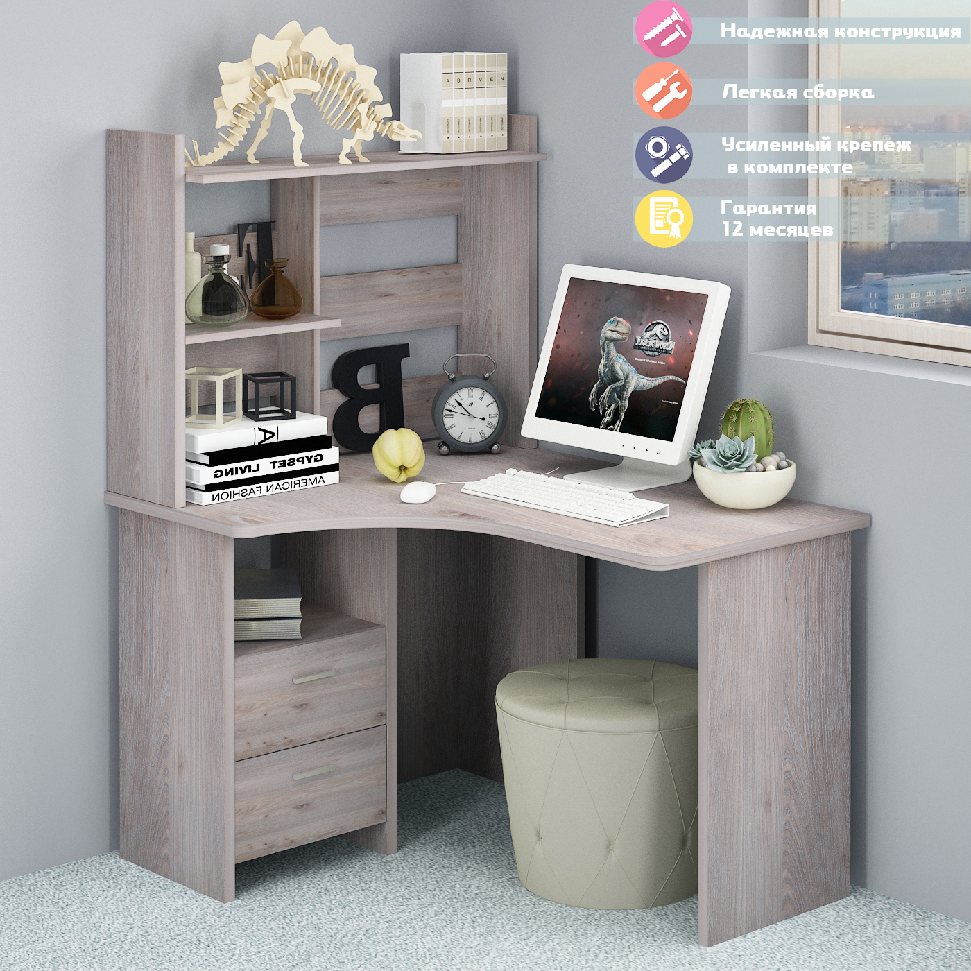 Изображение товара Стол Мэрдэс СКЛ-Угл120+НКЛ-100 Н ЛЕВ, угловой с тумбой, светлый ясень