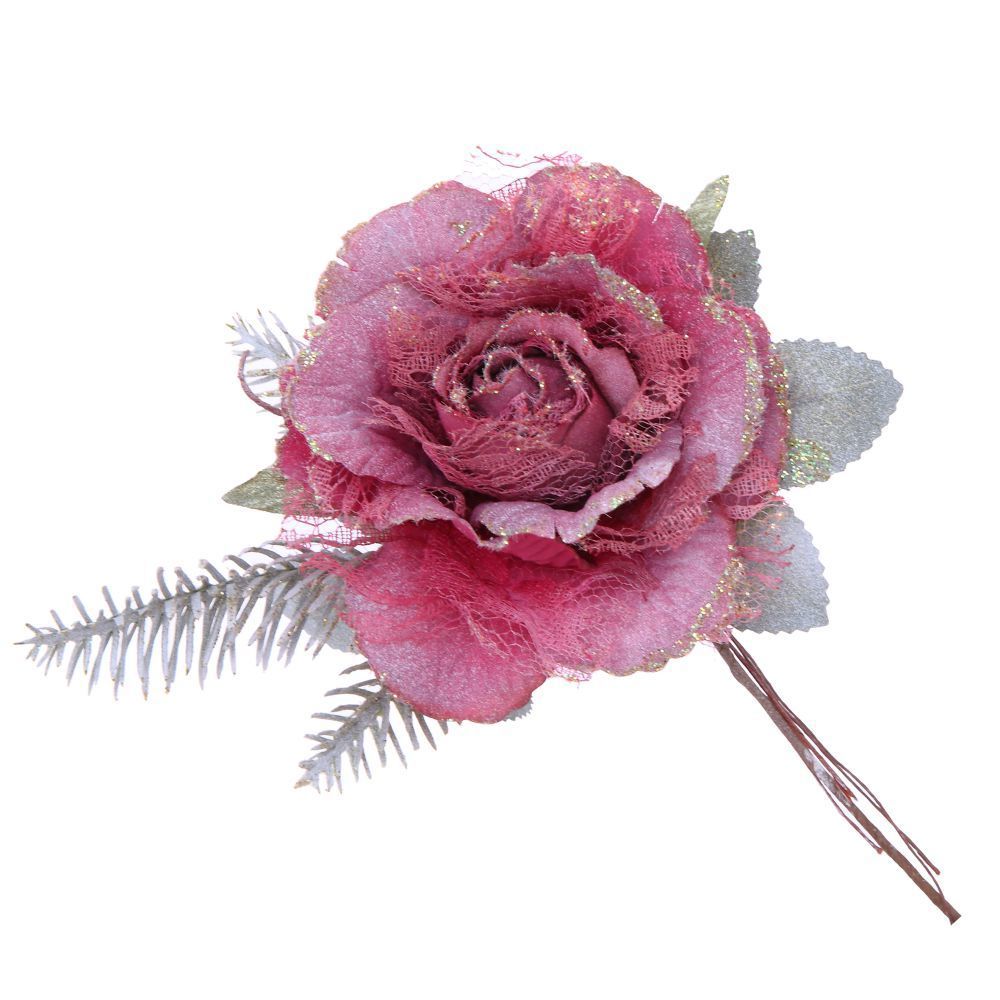 Изображение товара Новогоднее украшение 749483 розовое из текстиля с заснеженной веткой 18x23x22 см