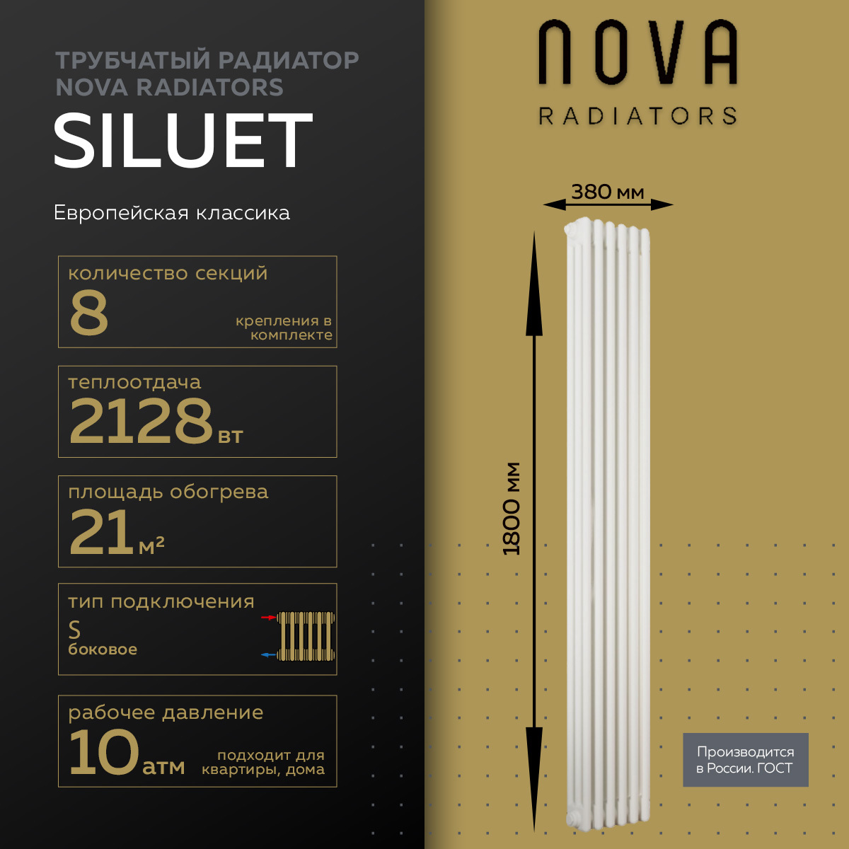 Изображение товара Вертикальный трубчатый радиатор Nova Siluet NS-T3-S 1725/100 8 секций белый матовый