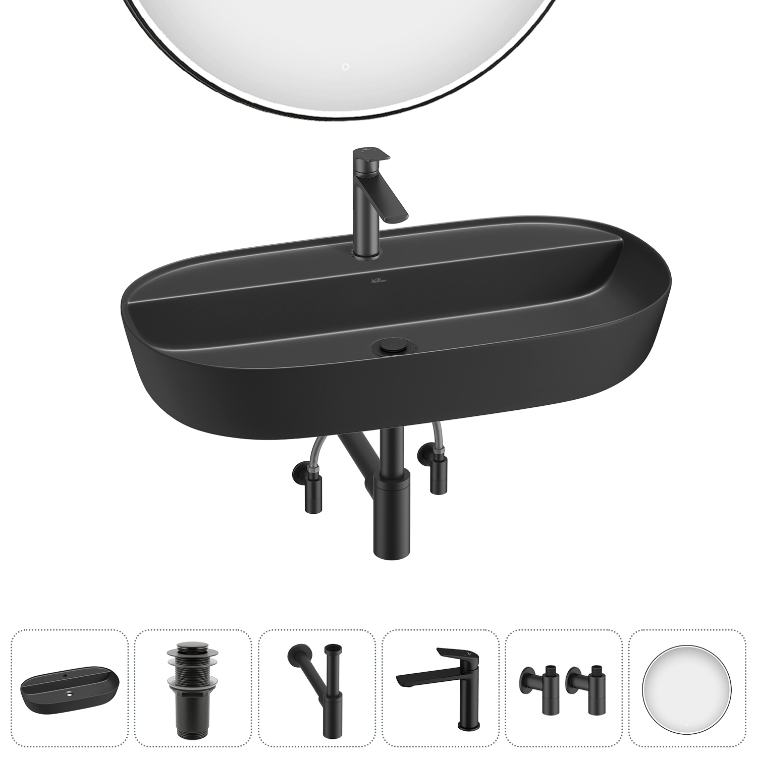 Изображение товара Раковина накладная Wellsee Chic Riviera 80см комплект 6 в 1 монтаж черный матовый