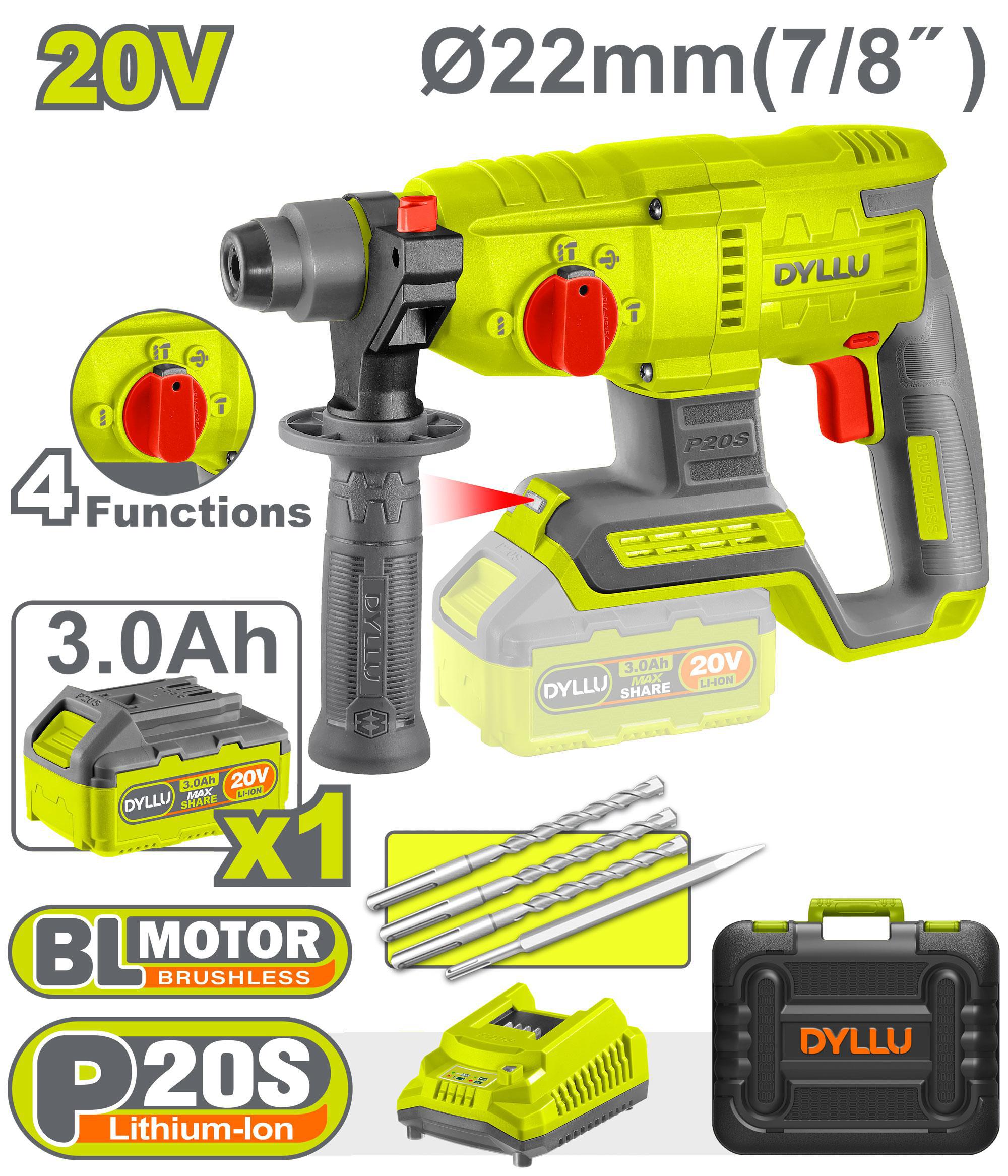 Изображение товара Перфоратор аккумуляторный SDS-plus Dyllu DTLM1522, 20 В Li-Ion 1x3 Ач, 2 Дж