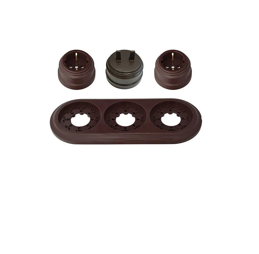 Изображение товара Розетка с выключателем и рамкой 3 поста накладные Bylectrica Ретро РА16-0202 А510-2204 ЮЛИГ.735212.472 с заземлением цвет шоколад