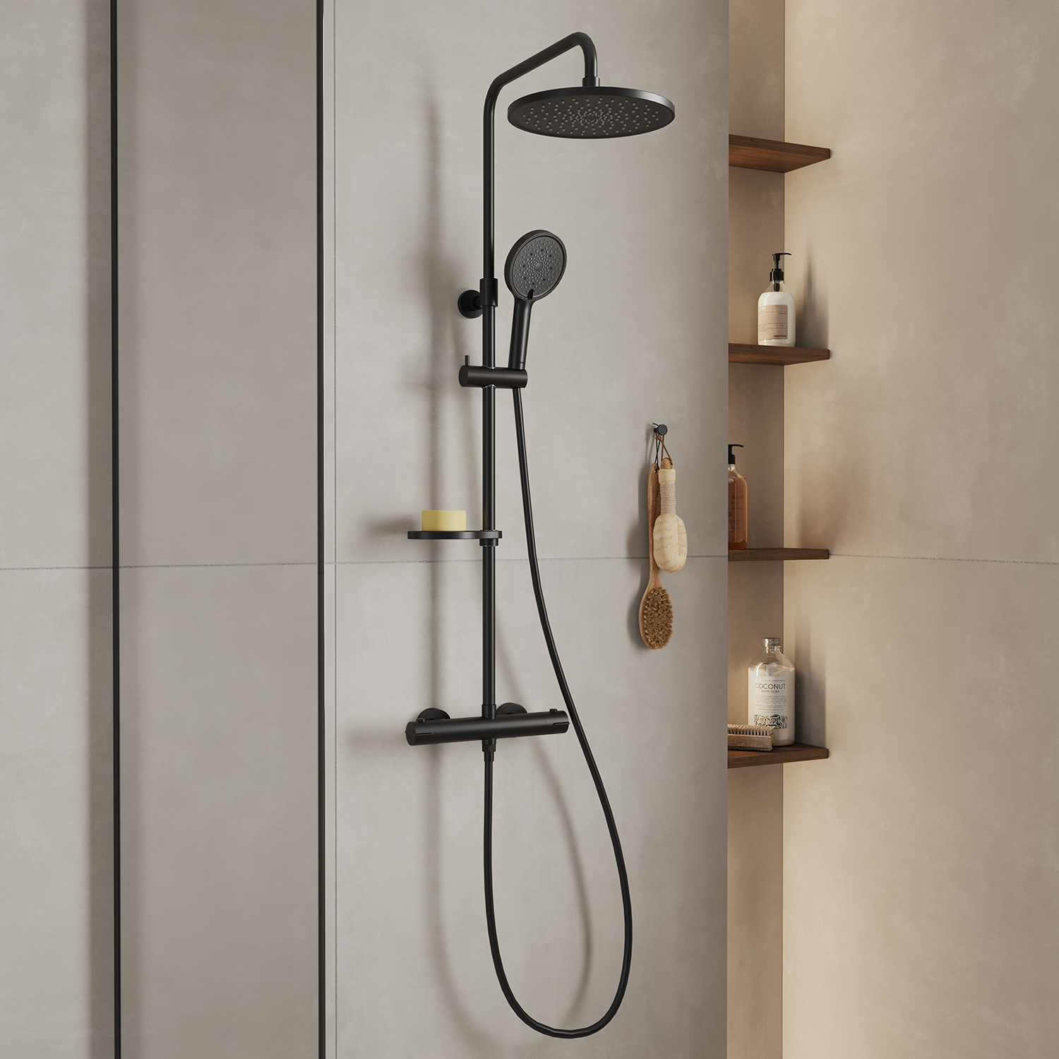 Изображение товара Смеситель термостатический для душа Ideal Spa Milardo ILSBLTHM89 со стойкой и тропической лейкой цвет черный матовый