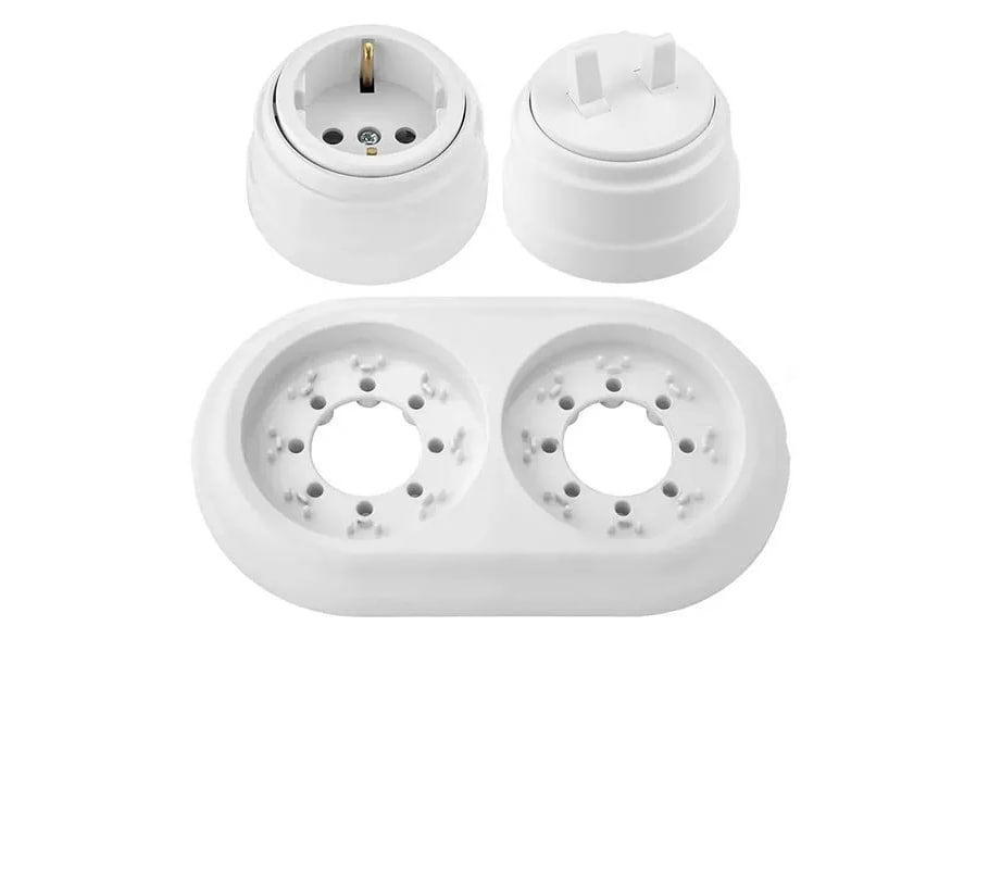 Изображение товара Розетка с выключателем и рамкой 2 поста ретро белая BYLECTRICA