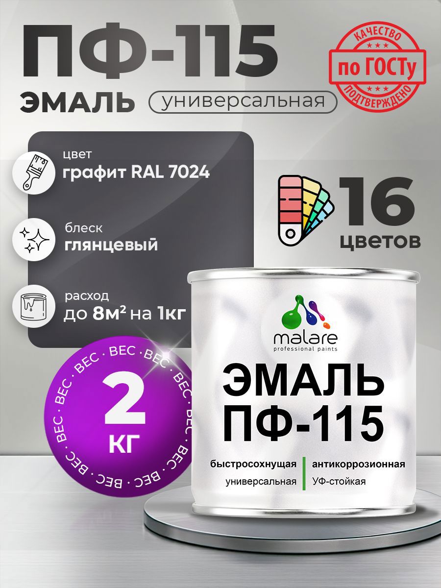 Изображение товара Эмаль универсальная Malare Professional ПФ-115 антикоррозионная цвет RAL 7024 графит глянцевая 2 кг