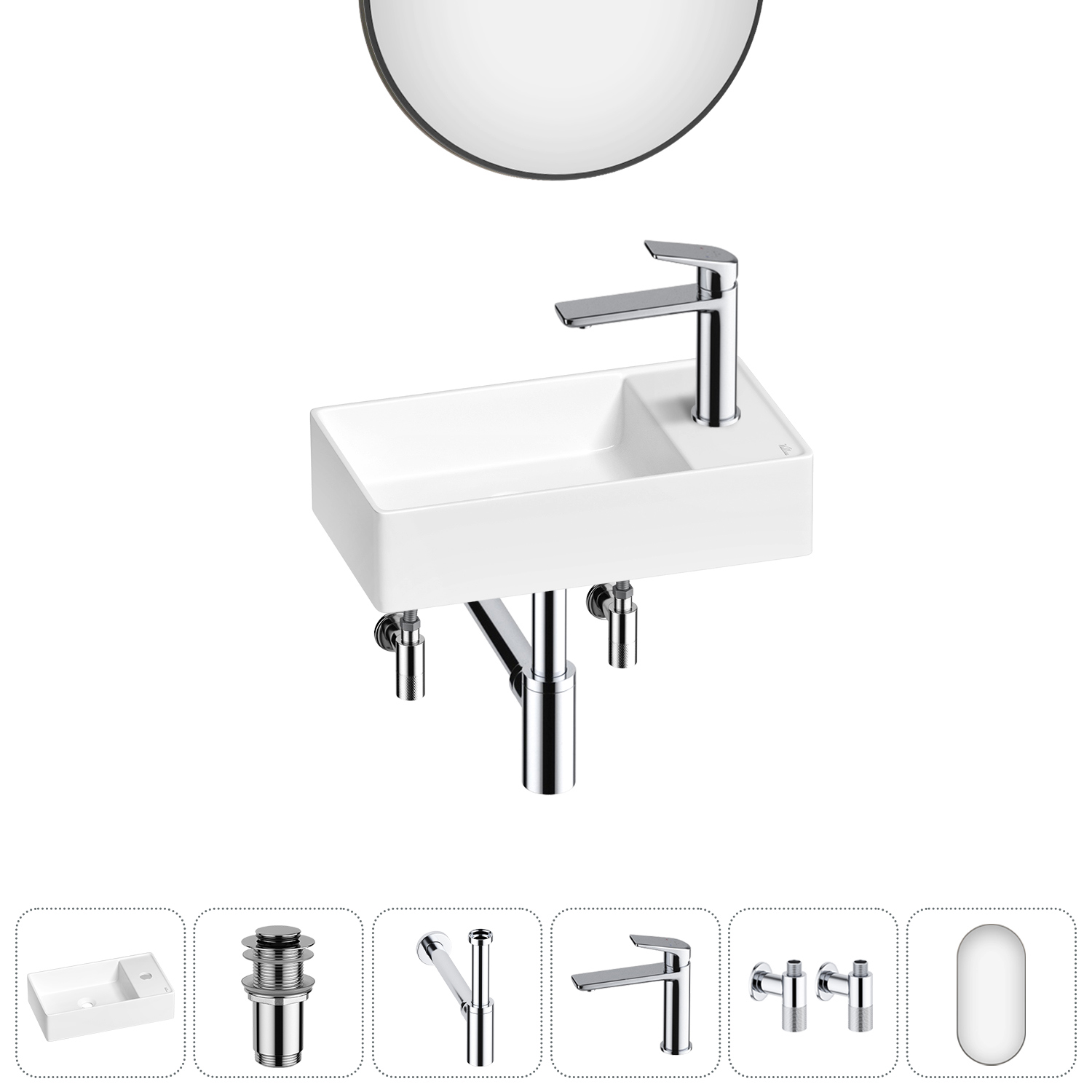 Изображение товара Комплект раковина мини Wellsee WC Area 41см 6 в 1 с зеркалом и аксессуарами Польша