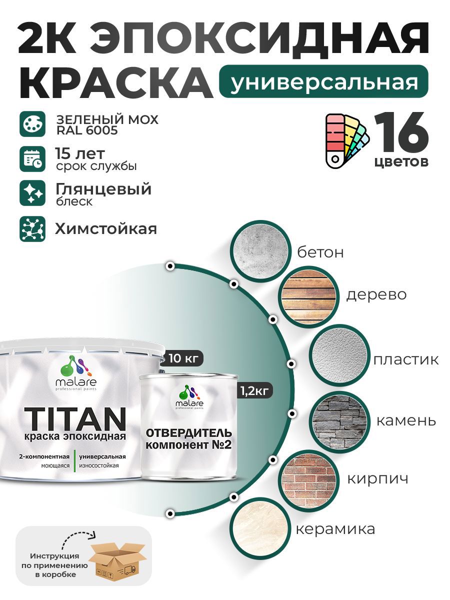 Изображение товара Краска эпоксидная двухкомпонентная Malare Titan высокопрочная глянцевая цвет RAL 6005 зелёный мох 10 кг отвердитель 1.2 кг