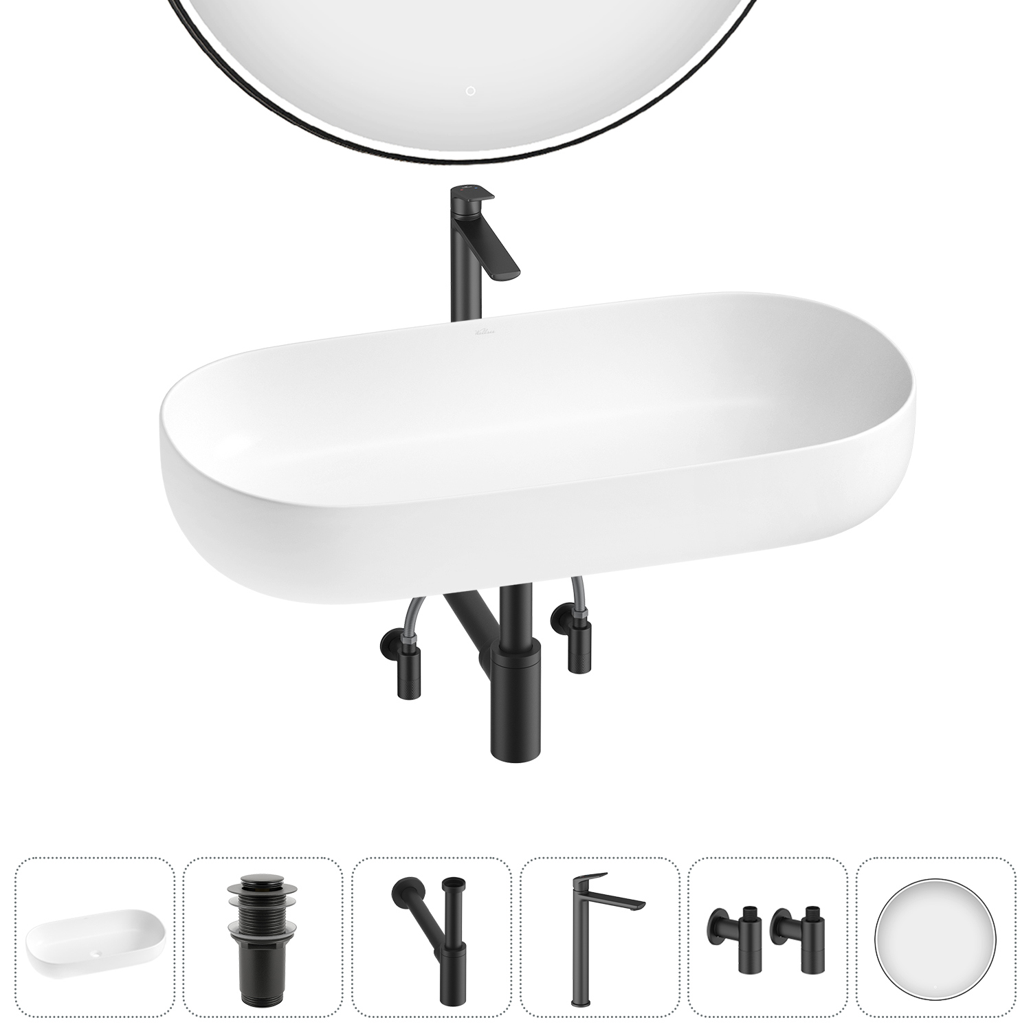 Изображение товара Раковина накладная Wellsee Chic Riviera 80см комплект 6 в 1 белая