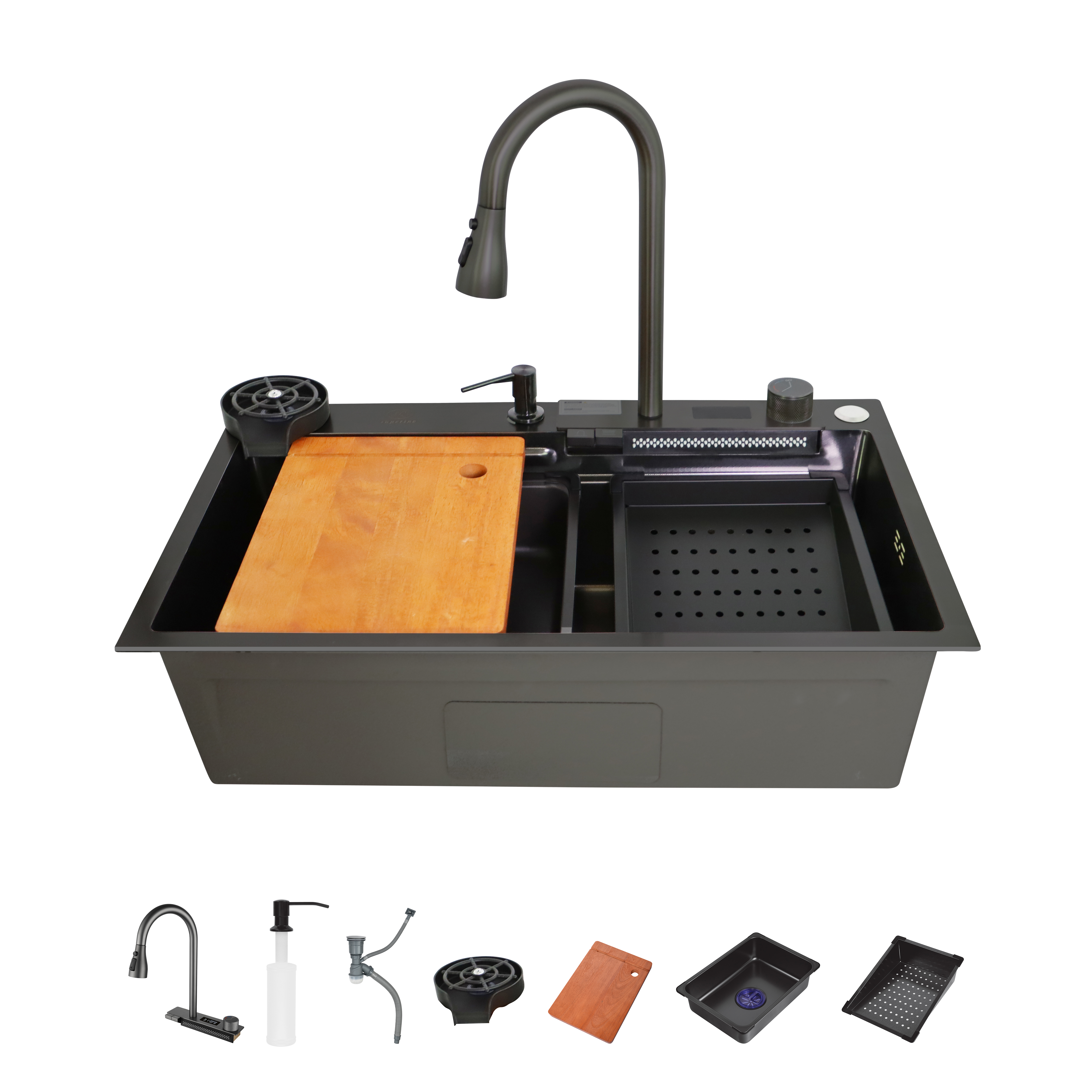 Изображение товара Мойка для кухни врезная с дозатором Dikalan 75x46 см нержавеющая сталь глубина чаши 22 см цвет темно-серый