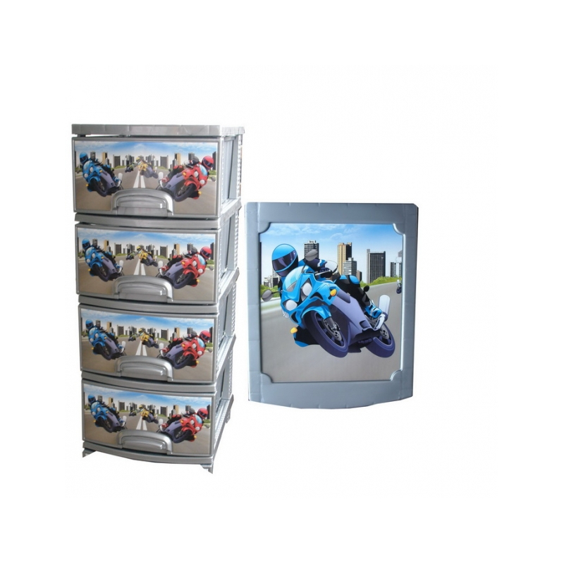 Изображение товара Комод Росспласт Мотокросс 4 ящика 38x47x95 см серый цвет