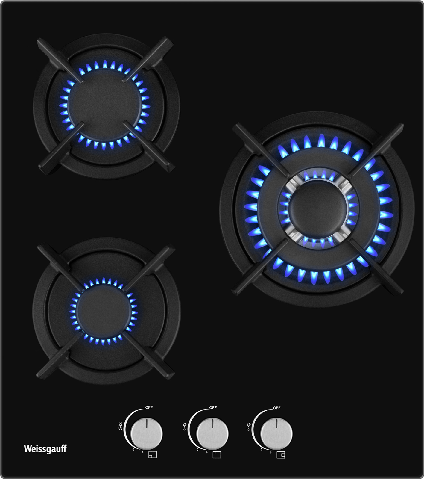 Изображение товара Газовая варочная панель Weissgauff Hg 451 Bgh 3 конфорки закаленное стекло 45 см