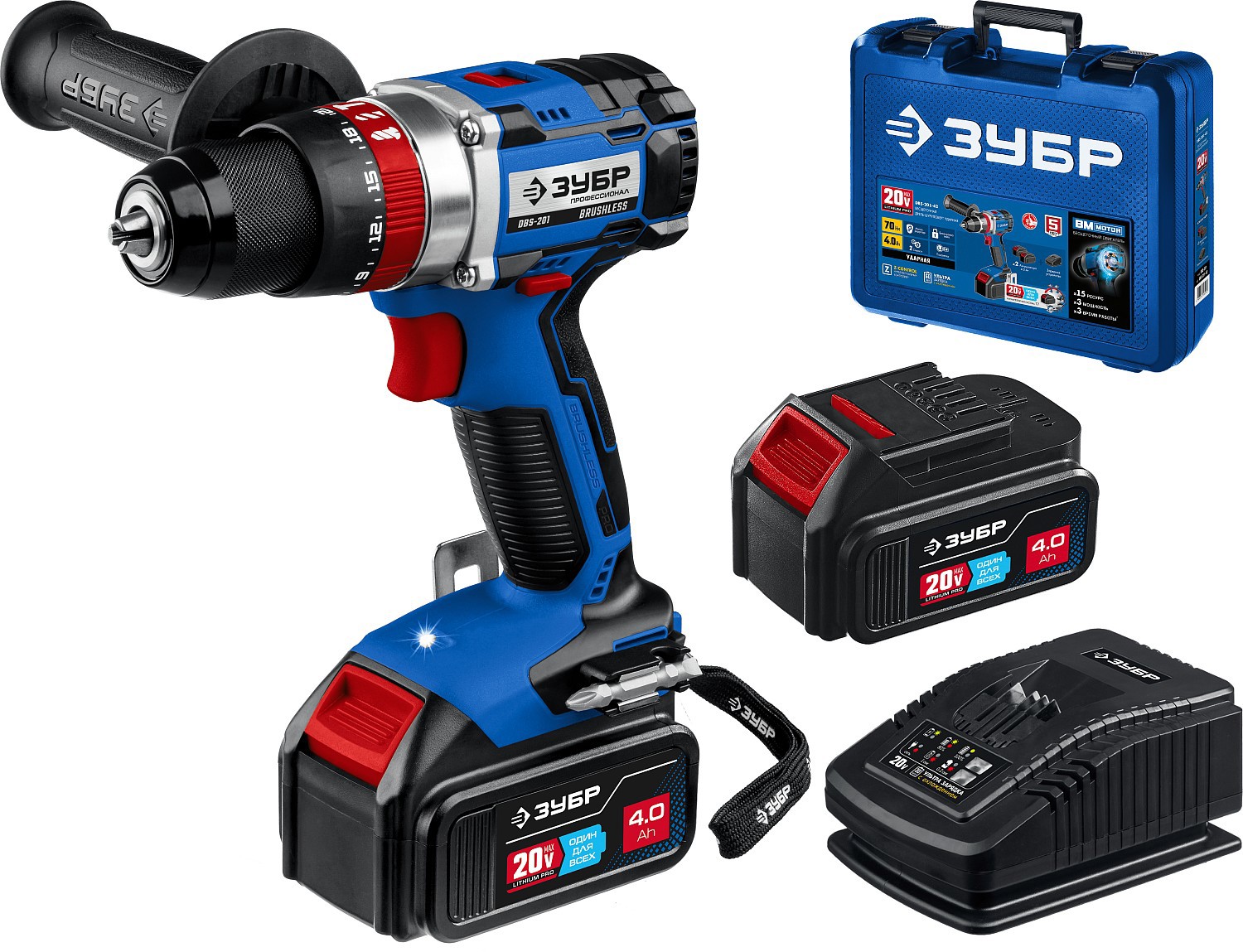 Изображение товара Дрель-шуруповерт аккумуляторная ударная бесщеточная Зубр DBS-201-42, 20 В Li-Ion 2x4 Ач