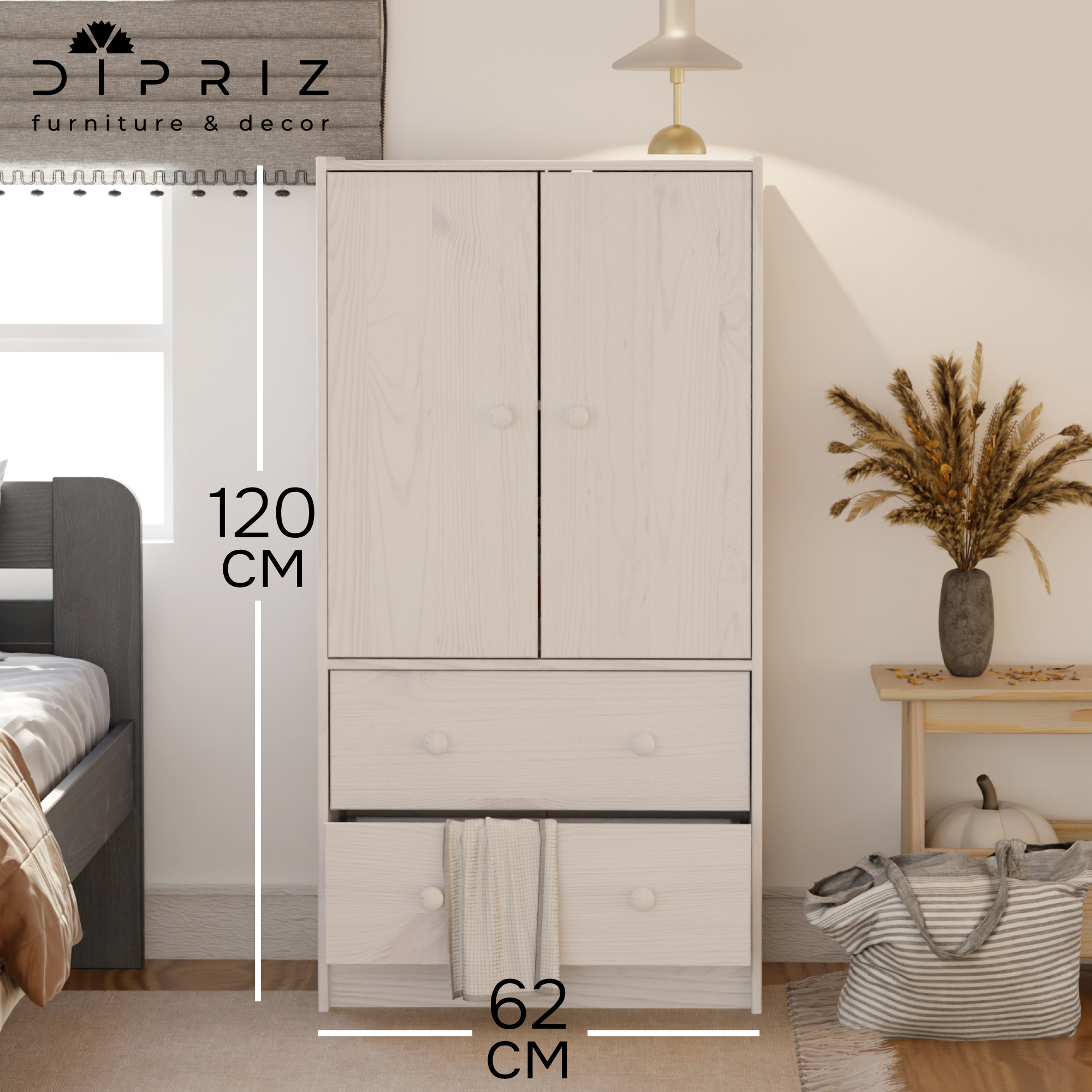 Изображение товара Комод Dipriz Раст из массива сосны белый с 2 ящиками и дверцами