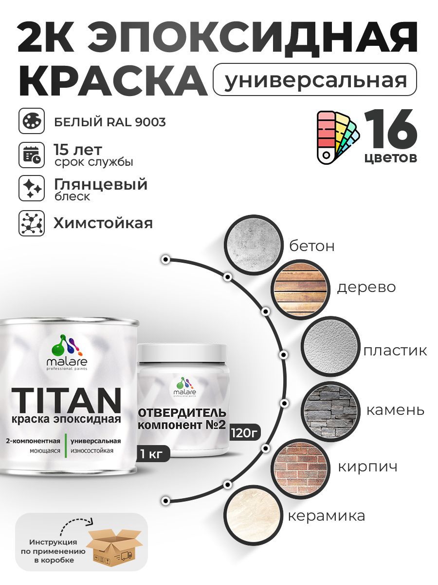 Изображение товара Краска эпоксидная двухкомпонентная Malare Titan высокопрочная глянцевая цвет RAL 9003 белый 1 кг отвердитель 0.12 кг