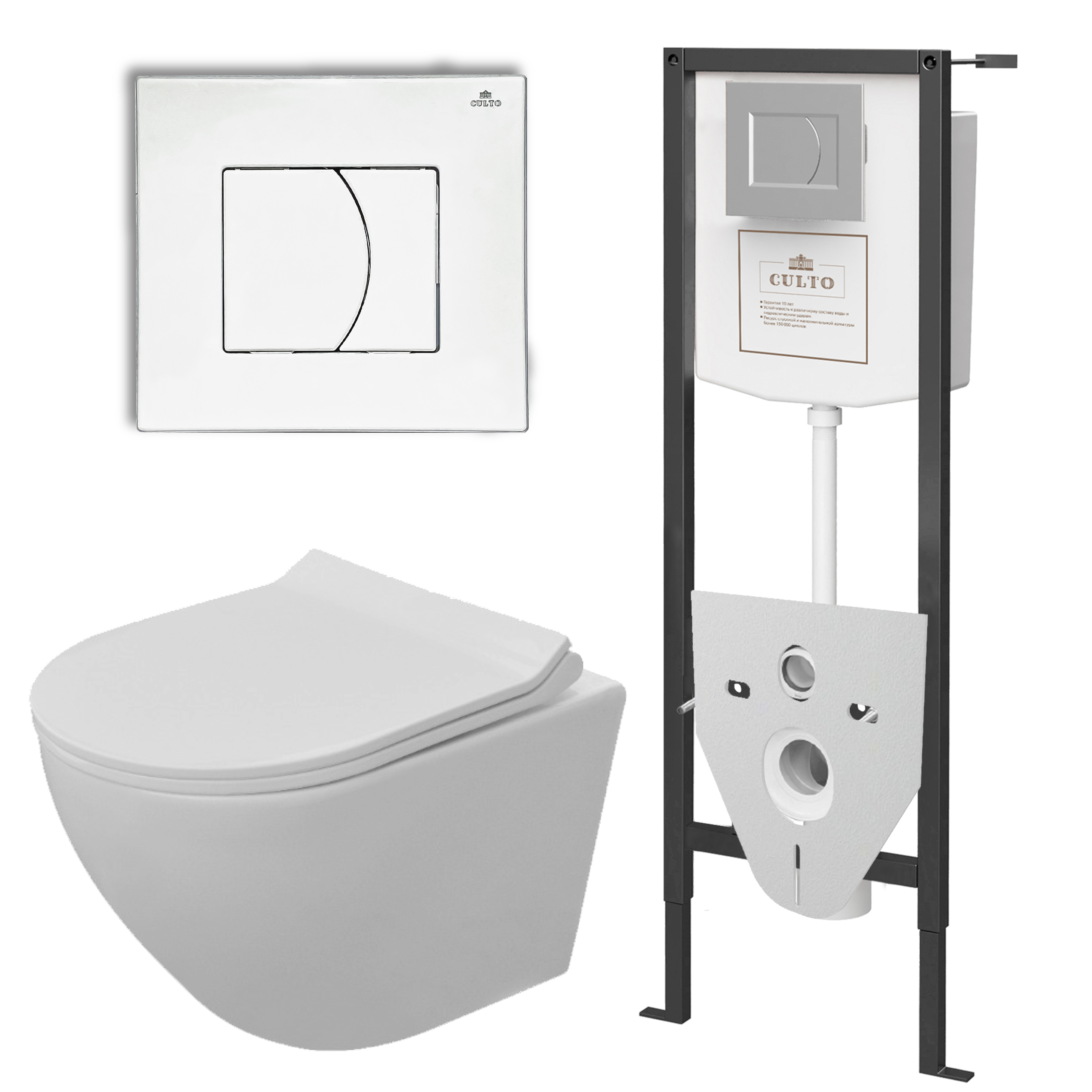 Изображение товара Комплект Инсталляция с подвесным унитазом CULTO ANDI WHITE сиденье с микролифтом клавиша смыва белая Изображение товара Комплект Инсталляция с подвесным унитазом CULTO ANDI WHITE сиденье с микролифтом клавиша смыва белая