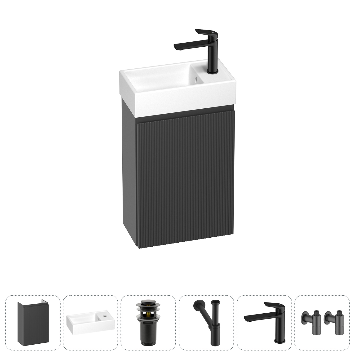 Изображение товара Тумба с раковиной подвесная Wellsee WC Area 20216893R с донным клапаном, сифоном, смесителем и вентилями цвет серый/серебристый