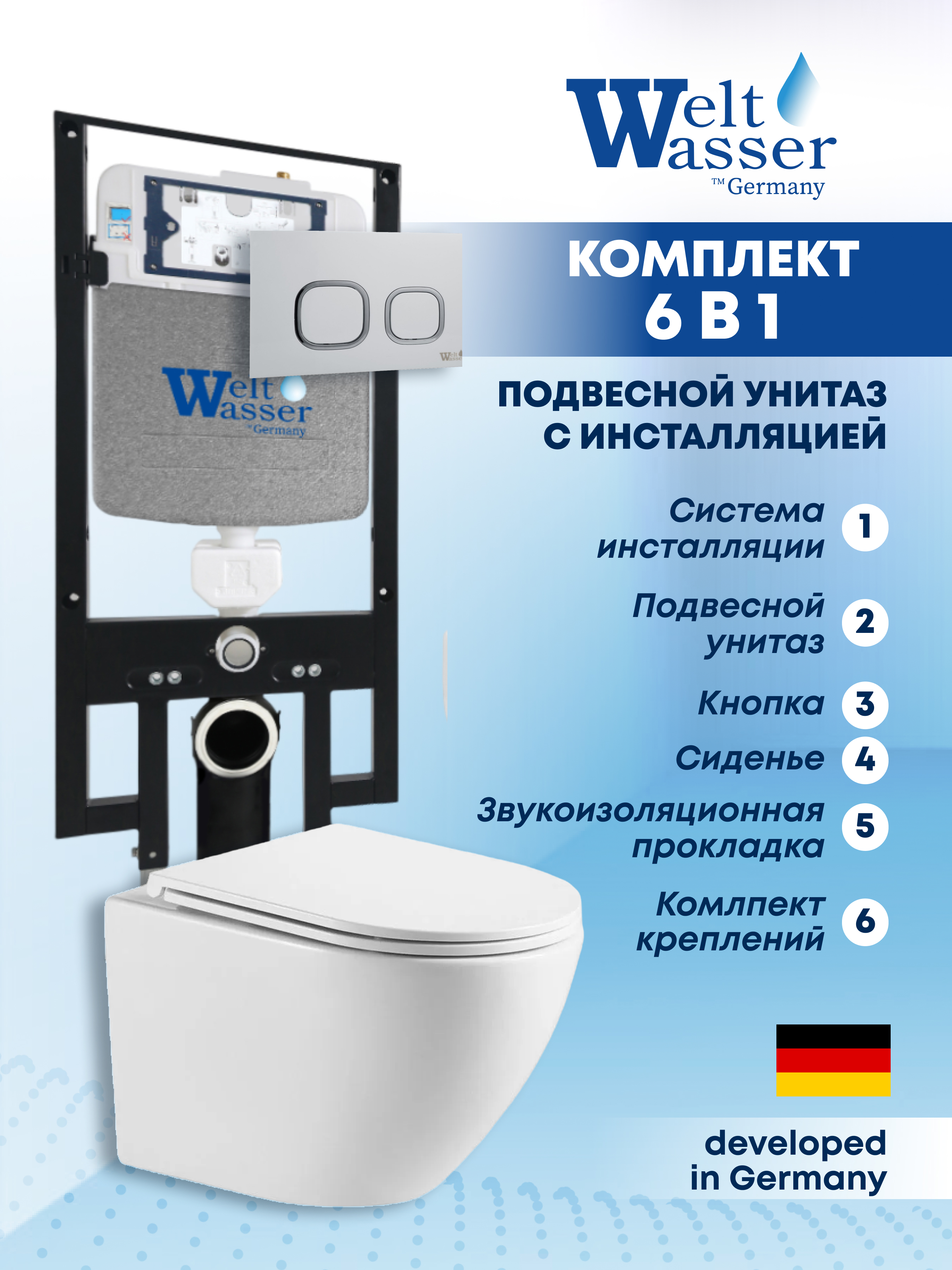 Изображение товара Комплект инсталляция Weltwasser AM49759: подвесной унитаз Rimless, 3/6 л, белый