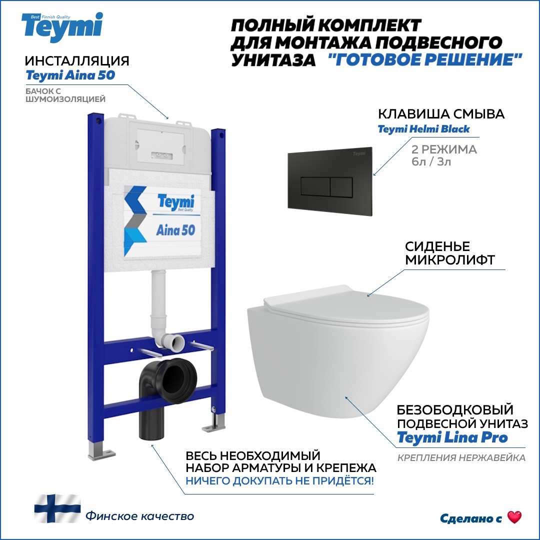 Изображение товара Комплект инсталляции Teymi Aina 50 для подвесного унитаза с клавишей Helmi черный б/у
