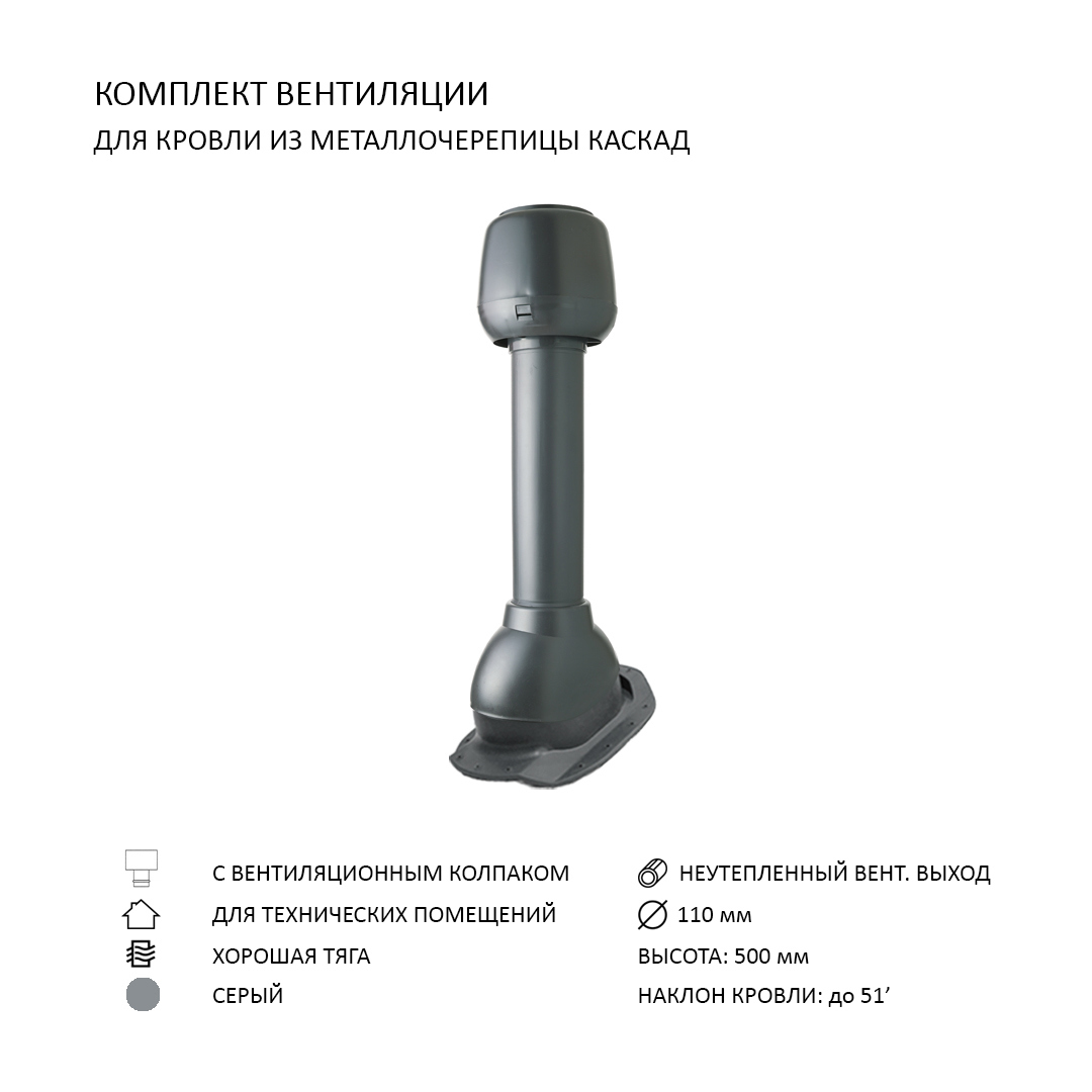 Изображение товара Комплект вентиляции Polivent колпак D110 вентиляционный выход 110 неутепленный для скатной кровли Каскад цвет серый