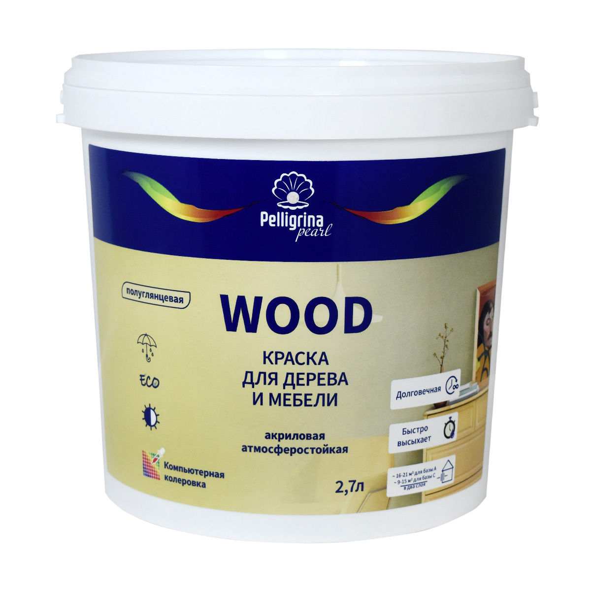 Краска для дерева и мебели Pelligrina Pearl Wood глянцевая белая база А ...