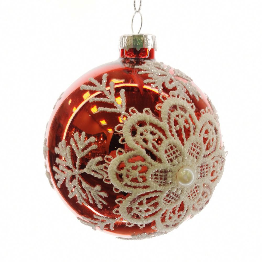 Изображение товара Елочный шар стеклянный 8 см красный с цветами и крючком