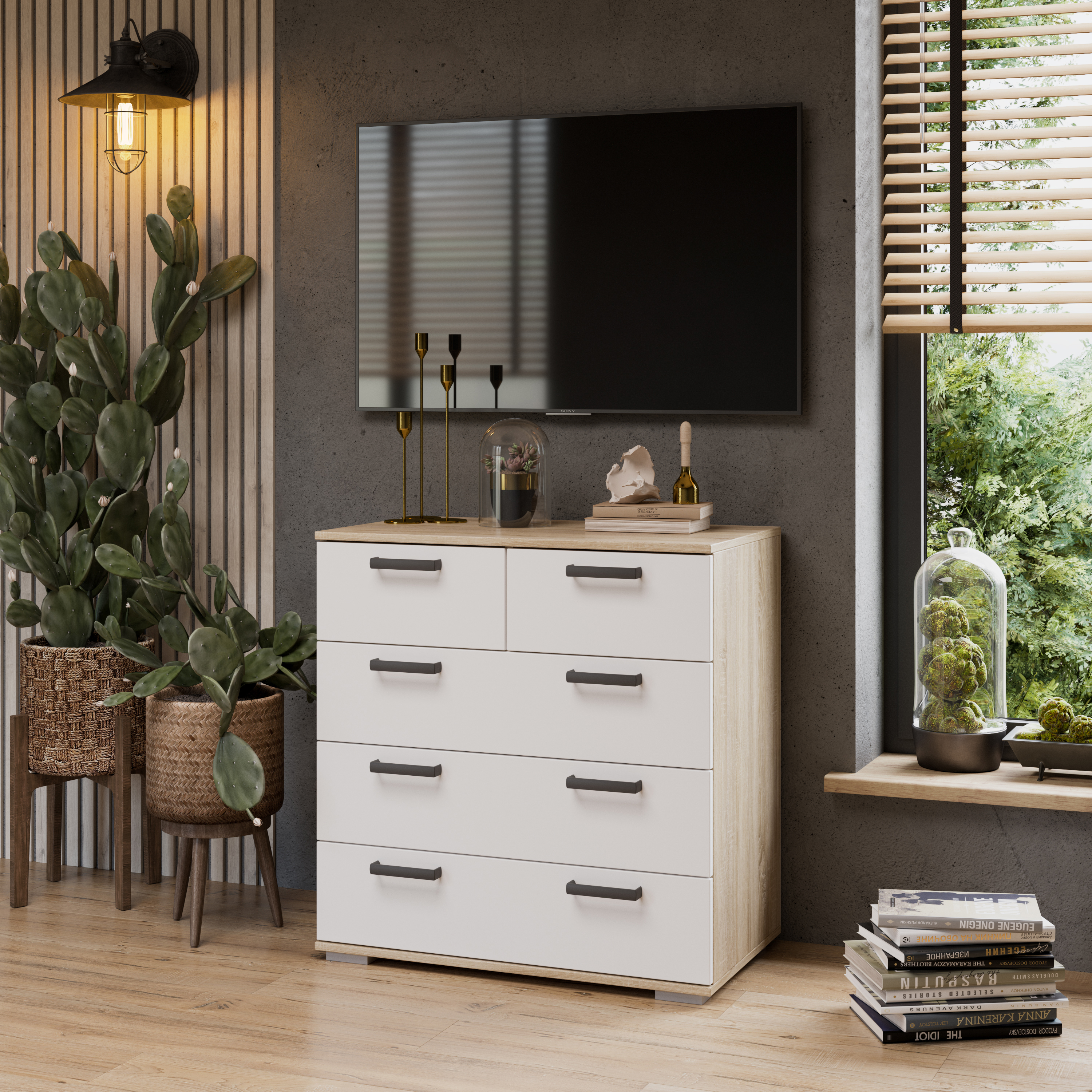 Изображение товара Комод Трия 235023 с 5 ящиками белый современный компактный мебельный шкаф