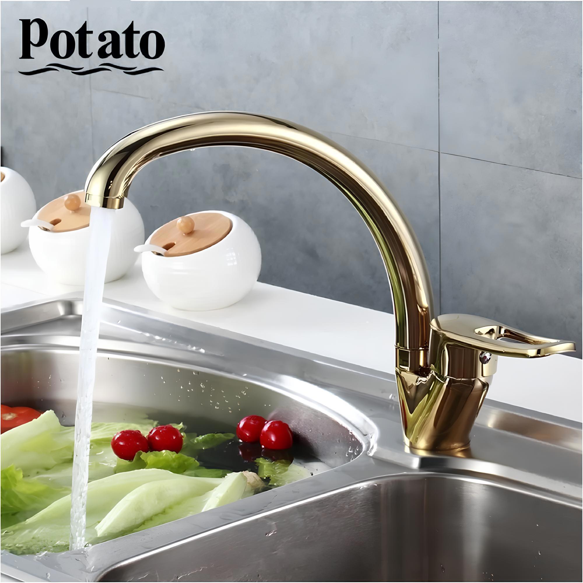 Изображение товара Смеситель для кухни Potato P59150-4N с высоким гусаком и золотым покрытием