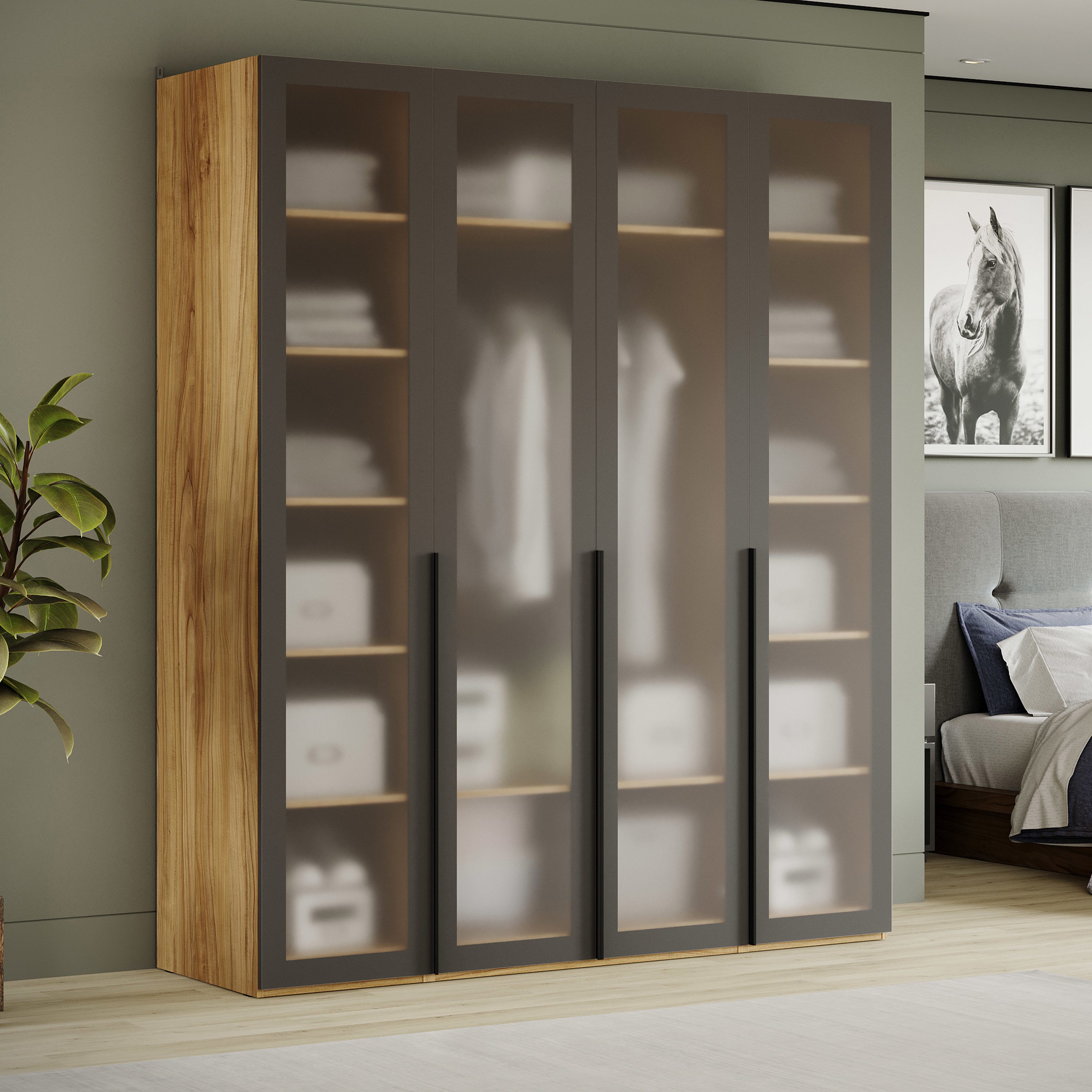 Изображение товара Шкаф распашной Трия 252737 180x217x58 см яблоня беллуно/графит/стекло сатин черное ЛДСП