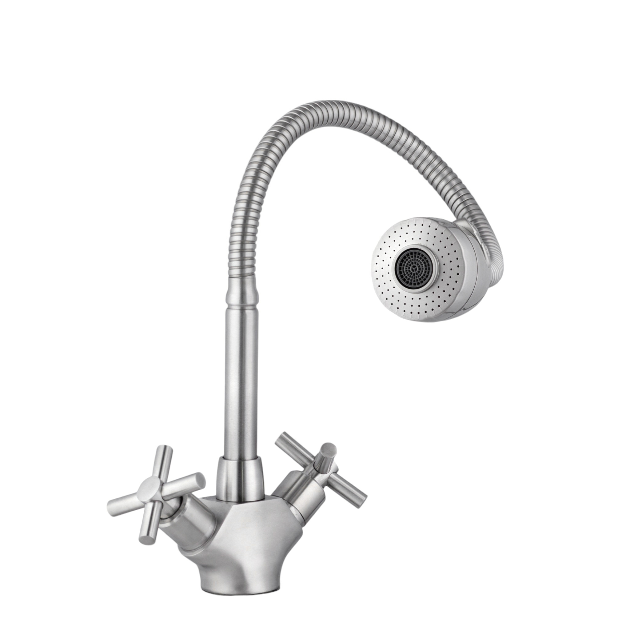 Изображение товара Смеситель для кухни Potato P58357S вентильный с широкой двухрежимной лейкой и гибким поворотным изливом 18 см цвет сатин