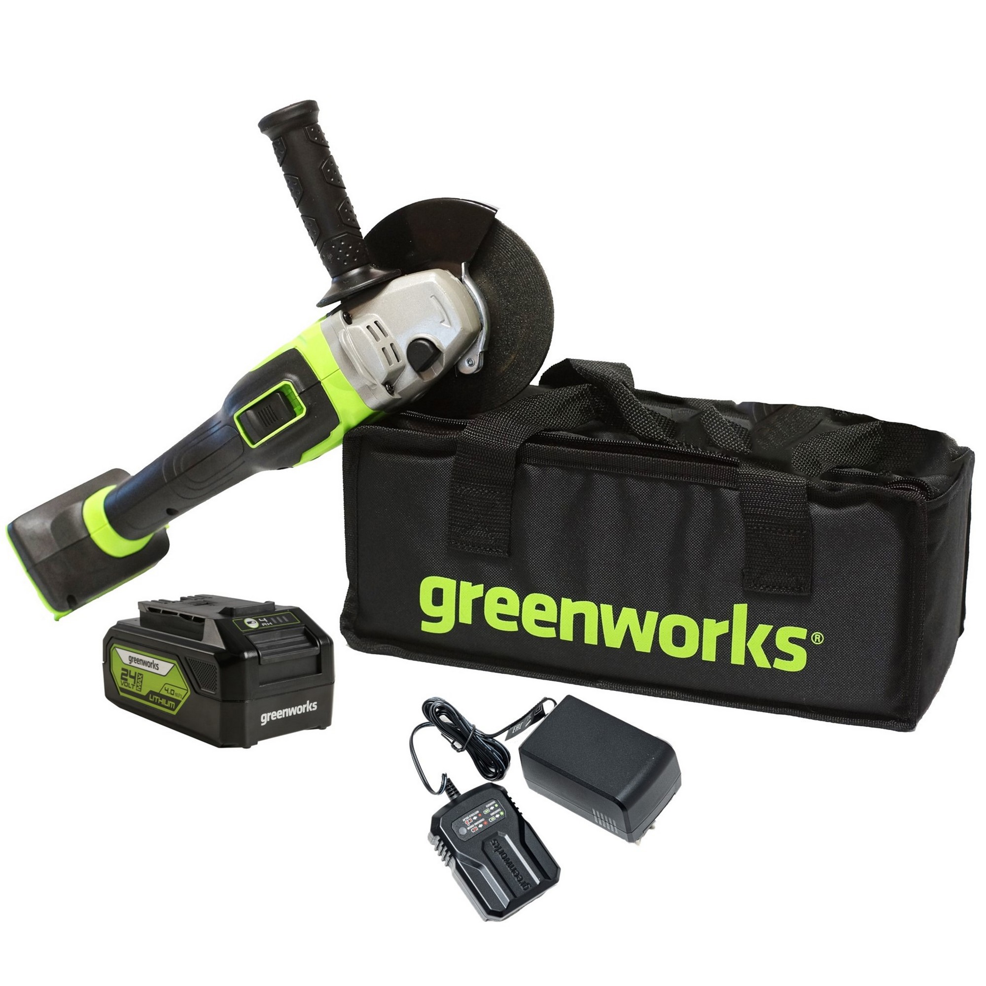 Изображение товара УШМ аккумуляторная бесщеточная Greenworks GD24AGK4 НСК, 24 В Li-Ion 1x4 Ач, 125 мм
