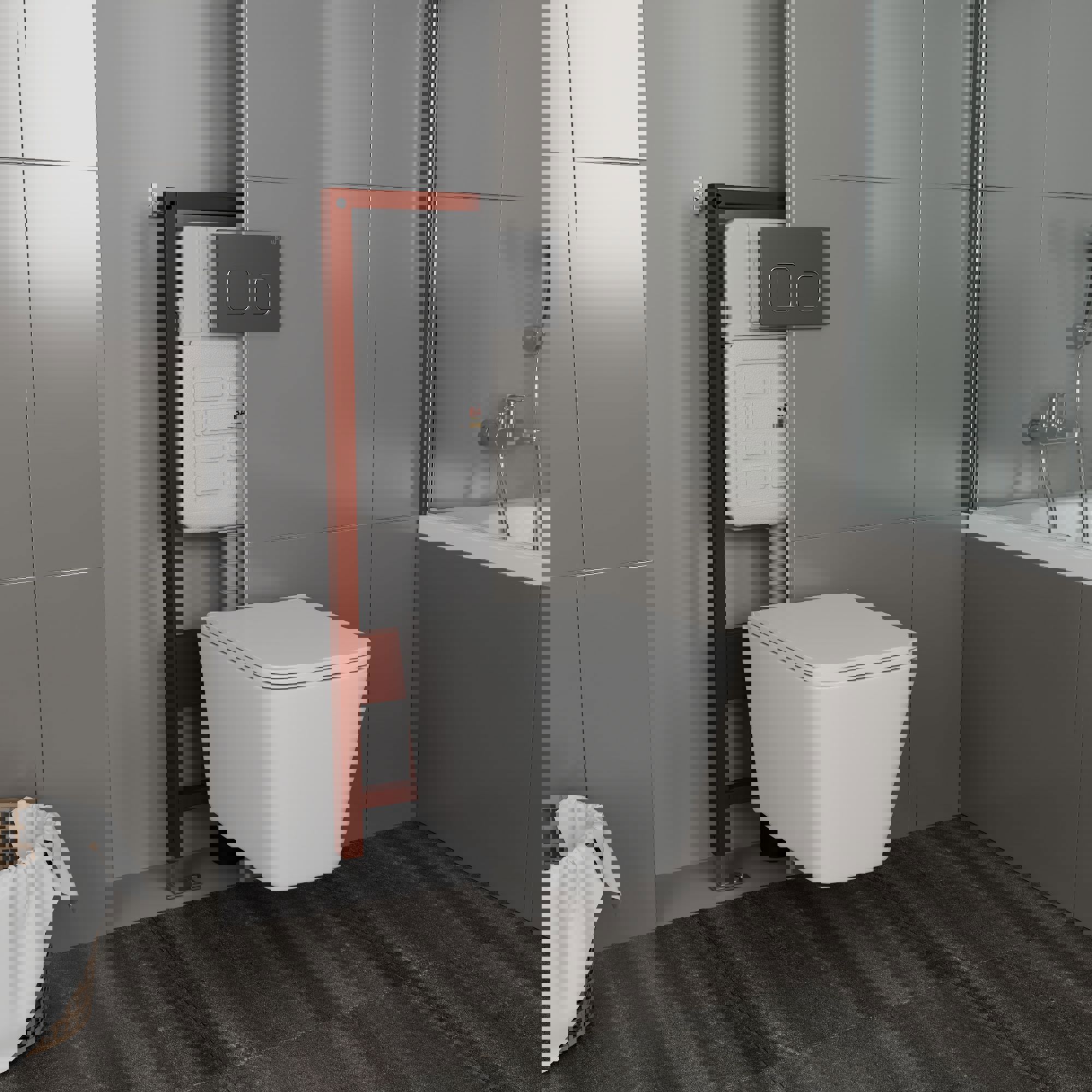 Изображение товара Комплект BAUEDGE E458103-BS0001-HQ-E00121 6 в 1: инсталляция IDEAL, унитаз безободковый Stil Hurricane, быстросъемное микролифт, кнопка Gun Grey