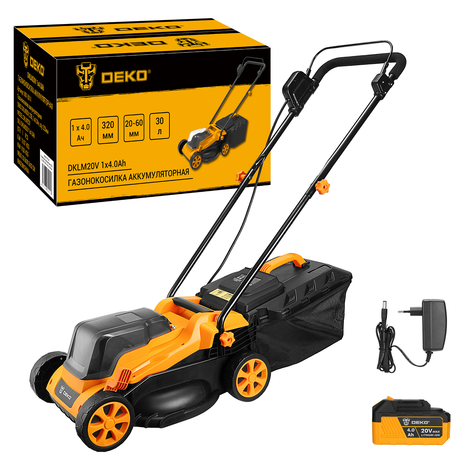 Изображение товара Газонокосилка аккумуляторная Deko Dklm20v, 1*4.0ah 20 В 32 см 1x4 Ач АКБ и ЗУ в комплект Изображение товара Газонокосилка аккумуляторная Deko Dklm20v, 1*4.0ah 20 В 32 см 1x4 Ач АКБ и ЗУ в комплект